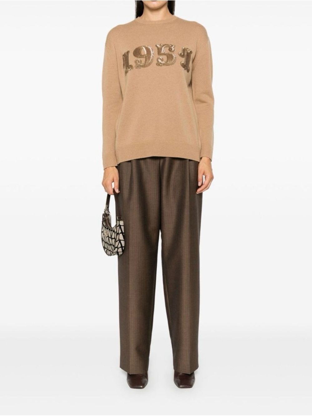 MaxMara Camel Crewneck Sweater with Sequin '1951' Detail